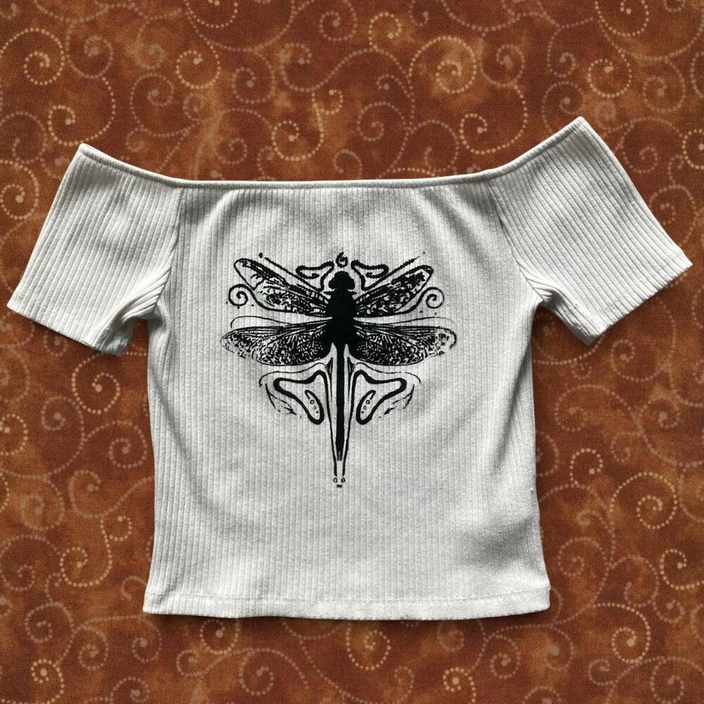 Dragonfly Graphic Baby Off the Shoulder White Reworked Print Top